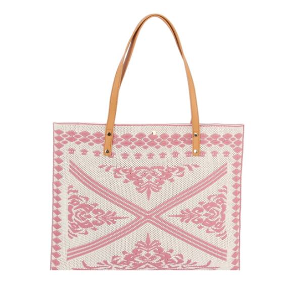 Women's Knitted Textured Tote Bag with Crochet Design Pink | SAME DAY SHIP - Picture 1 of 4